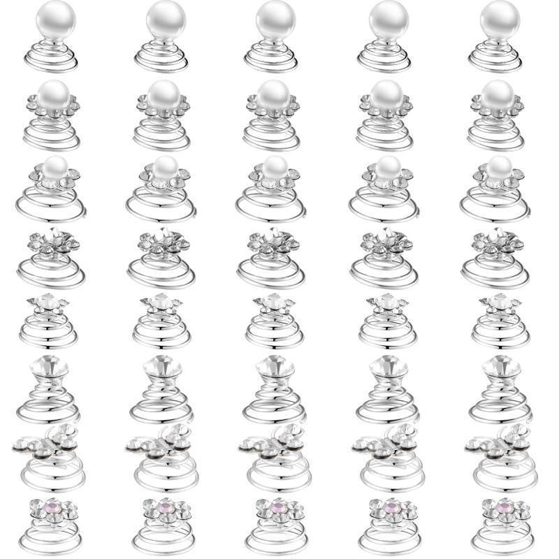 lot 32614 image: 40 Pieces Rhinestone Crystal Twisters Set Spiral Hair Pins Silver Coils Rhinestone Spiral Hair Jewelry Crystal Clip Accessories for Wedding Bridal Prom, 8 Styles - Retail $7