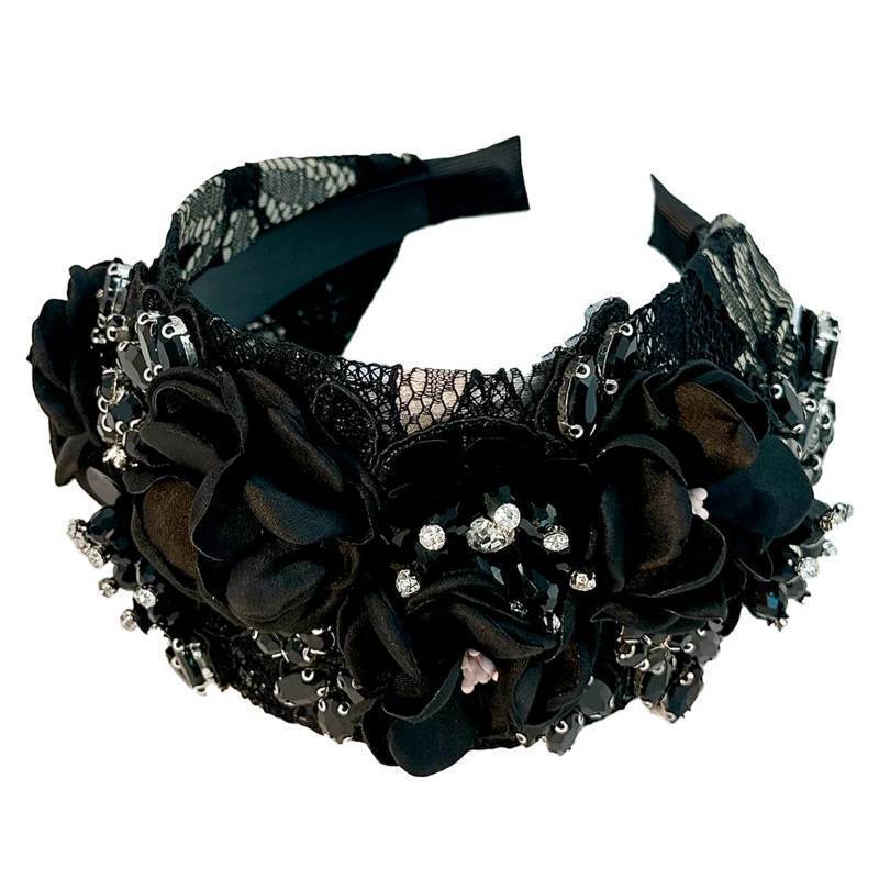 lot 48917 image: Florate Big Wide Chunky Flower Headbands for Women Fashion Floral Crystal Bead Stone Rhinestone Decorative Embroidered Girls Hairbands (wide black) - Retail $19