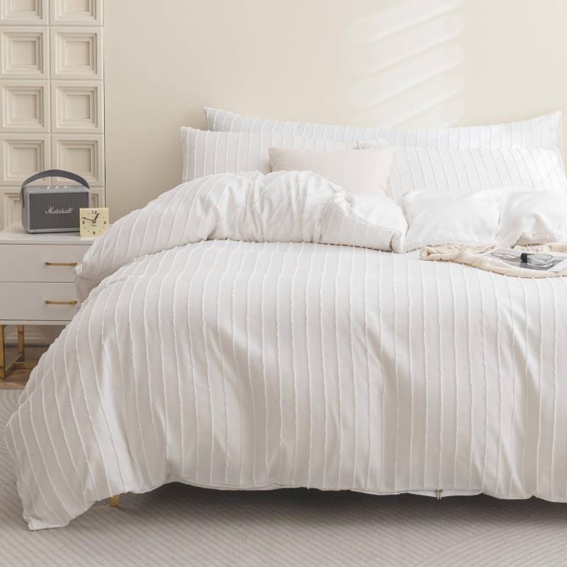 lot 48934 image: JELLYMONI Duvet Cover Twin Size White - 3PCS Boho Striped Duvet Cover Set Polyester Tufted Bohemian Textured Comforter Cover 68x90in with Corner Ties & Zipper and 2 Pillowcases - Retail $34