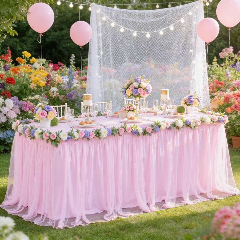 lot 49175 image: Little Funny Light Pink Tablecloth for 6 Foot Rectangle Table, Baby Pink Tulle Tutu Tables Skirt Party Table Cover 6ft Baby Shower Banquet Dessert Wedding Pink Tables Cloths Ruffle Bridal Shower - Retail $27