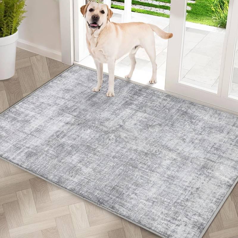 lot 49179 image: COMSLE Door Mat, Front Door Mat Indoor for Entrance Faux Wool Absorbent Non Slip Modern Throw Rug for Entryway Hallway Muddy Paws - Pet Friendly, 24x36 Inches,Grey Machine Washable - Retail $26