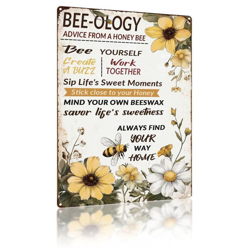 lot 51075 image: QKIODS Vintage Garden Metal Tin Signs Bee-ology Advice from a honey Bee Funny Tin Sign Rustic Indoor Outdoor Wall Decor for Home Garden Yard Farmhouse Greenhouse Patio Porch Bar 8x12 Inch - Retail $7