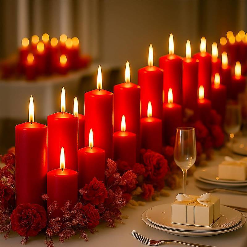 lot 63054 image: Veiuwa 36 Pcs Red Pillar Candles Bulk Set Hurricane Candles 3 Different Lengths (12 Each)Dripless Unscented Smokeless Gives You a Better Atmosphere When Organizing Wedding or Event Party. - Retail $60