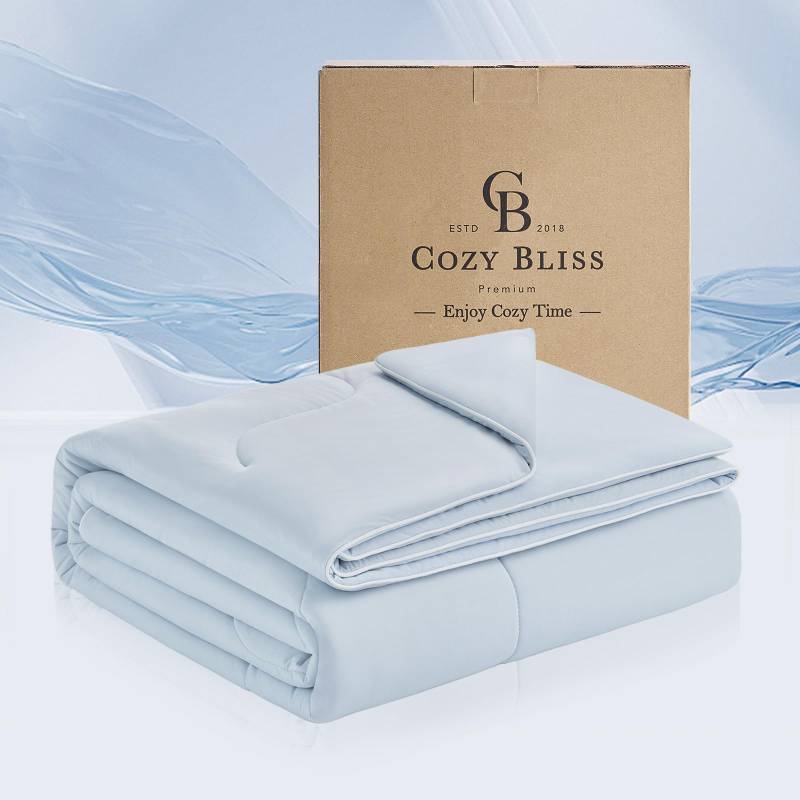 lot 63085 image: Cozy Bliss x Sorona Viscose Natural Fiber Cooling Comforter Queen Size, Reversible Silky Smooth Cooling Blanket with Q-Max 0.45 for Hot Sleepers & Night Sweats, Cool Blue, 90x90 - Retail $50
