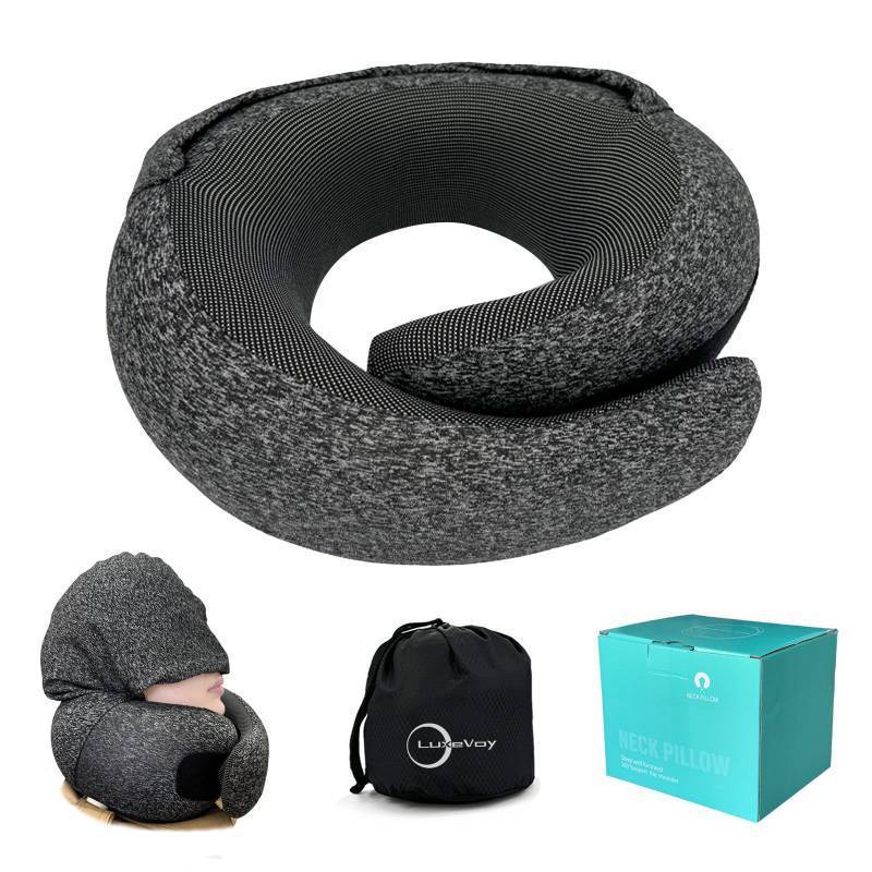 lot 26535 image: LuxeVoy 2025 Travel Neck Pillow,Stowable Hood,Ergonomic Neck Pillow Airplane,Premium Memory Foam,360� Support,Adjustable Fit,Washable Cover,Complete Travel Set,for Flight,Car and Office (Matt Black) - Retail $30