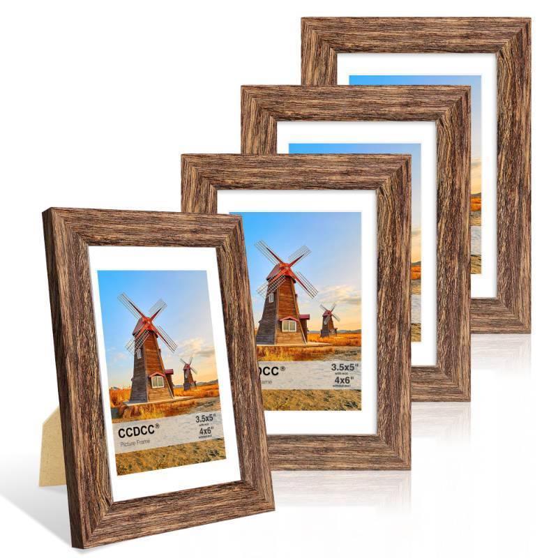lot 26562 image: ccdcc 4x6 Picture Frame Set of 4, 4 x 6 Wood Photo Frames with Mat for 3.5x5, Natural Wooden Frame with Real Glass Cover for Wall and Tabletop Display,Rustic Brown - Retail $14