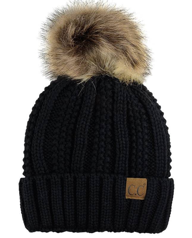lot 32739 image: C.C Thick Cable Knit Faux Fuzzy Fur Pom Fleece Lined Skull Cap Cuff Beanie, Black - Retail $15