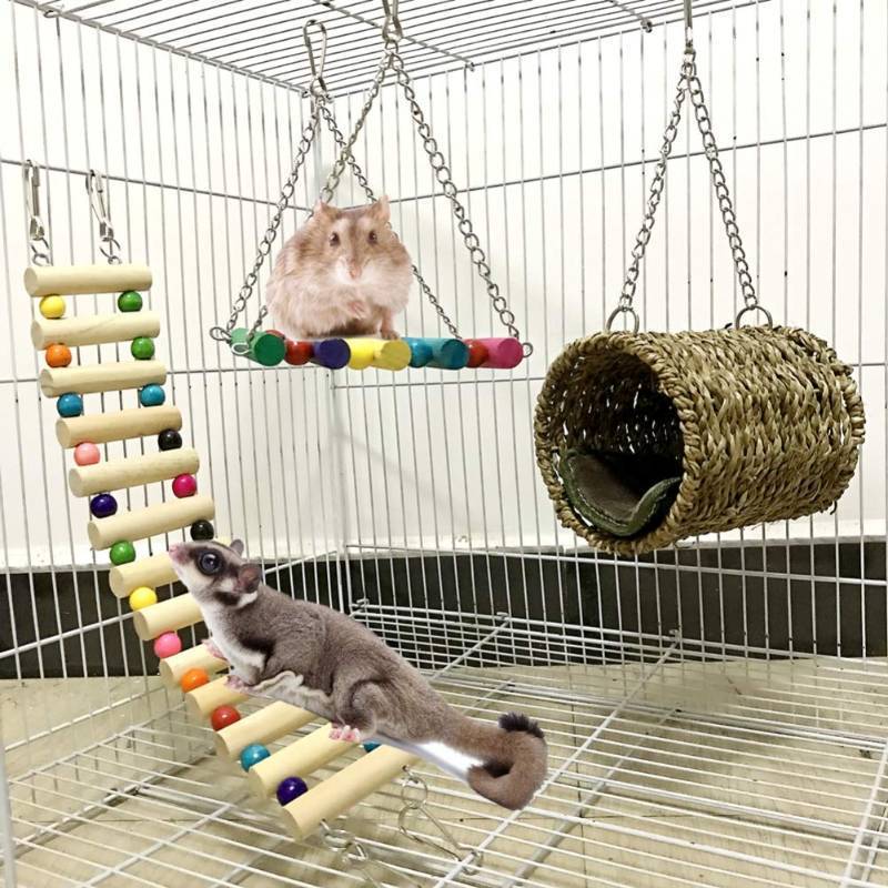 lot 40414 image: Leeko Pet Hammock Hamster Hanging Toy, 3 Piece Set House Hanging Bed Cage Toys for Small Animal Sugar Glider Squirrel Chinchilla Hamster Rat Playing Sleeping - Retail $14