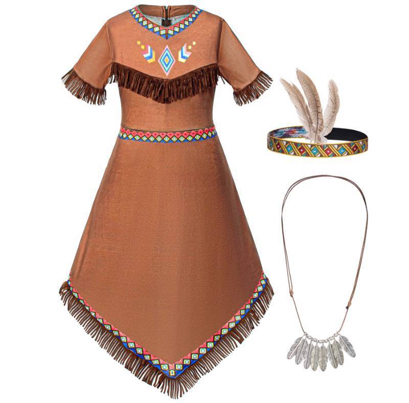 lot 51149 image: Native American Costume Girls Dress Indigenous American Indians Kids Cosplay 8-9 Years Brown - Retail $20