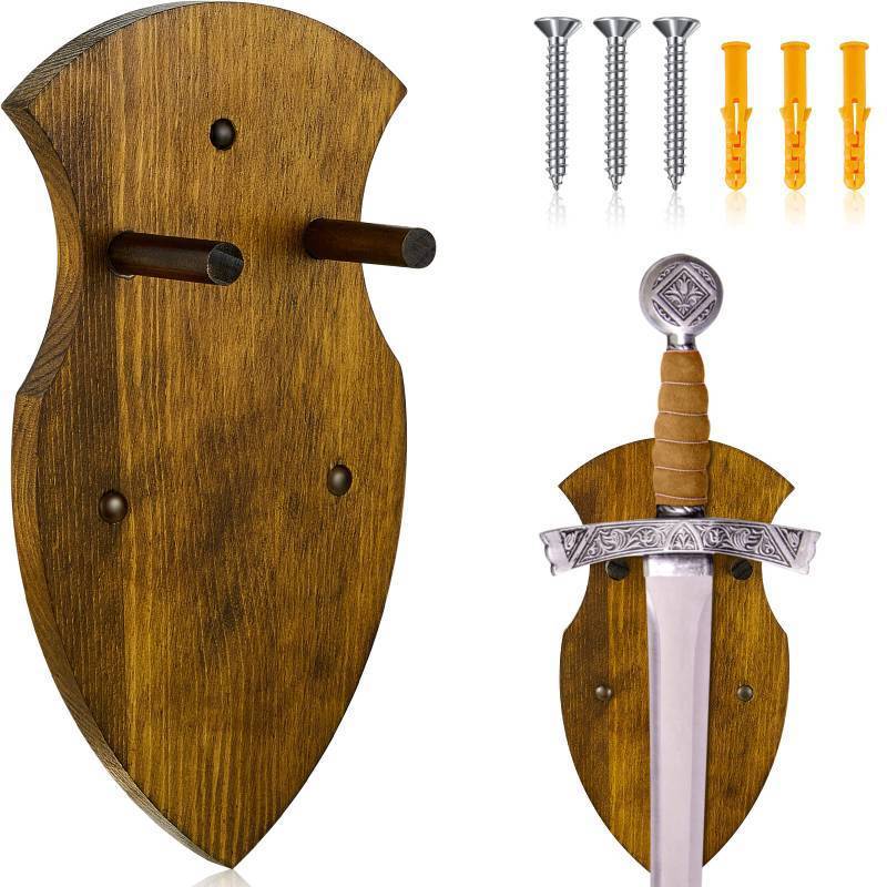 lot 59436 image: Queekay Wooden Sword Wall Mount Plaque Hanger for Katana Sword Display Stand for Wall Display Plaque with Hardware(Bright Brown,Stylish) - Retail $16