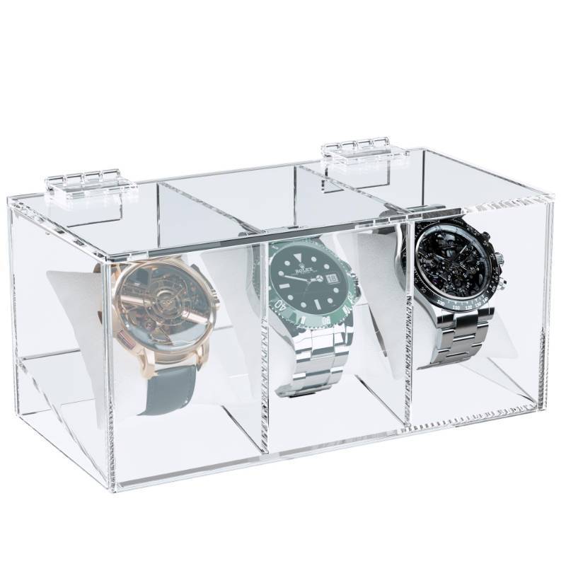 lot 25913 image: MaybeRain 3 Slot Watch Box Men Acrylic Watch Case, Premium Acrylic Watch Organizer,Clear Watch Display Case,Watch Storage for Men Women, Oak - Retail $19