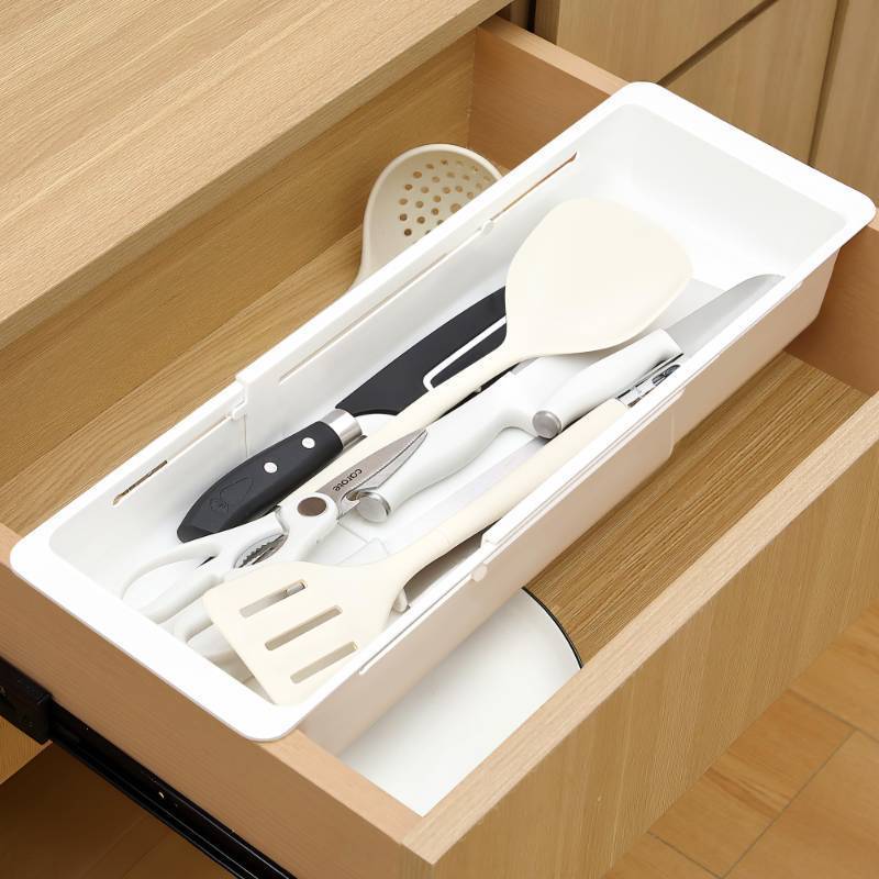lot 26469 image: Gulfmew 2 Pack Deep Drawer Organizer Bins, Sliding Drawer Organizer Bin Expandable and Adjustable Tray for Kitchen Utensils, BBQ Tools, Towels, Durable Plastic Sliding for Easy Storage(17.4-27.6) - Retail $30