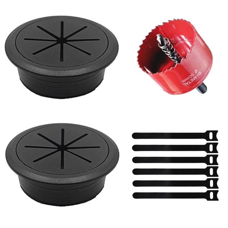 lot 32688 image: 2 Pack Desk Grommet 2 Inch (50 mm), Desk Hole Cover for Cables, Black Desk Cord Hole Cover for Office Home Table, Cable Grommet with 1 Hole Saw Drill Attachment  - Retail $7