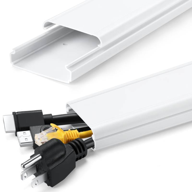 lot 32702 image: ZhiYo 34in TV Cord Hider for Wall Mounted TV, Large Cord Cover Wall, PVC Cable Management Raceway Kit, Wire Hider for Wall, White Wire Concealer 2 xL17in, W2in xH0.7in - Retail $13