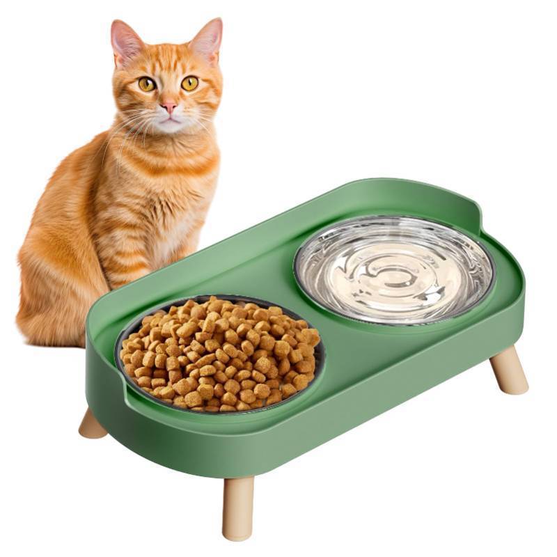lot 40134 image: Elevated Cat Bowl, Raised Cat Food and Water Bowl Set for Indoor Cats, Splash Proof with 2 Stainless Steel Pet Food Bowls for Cats and Puppies, Whisker Fatigue and Dishwasher Safe - Green missing a bowl - Retail $13