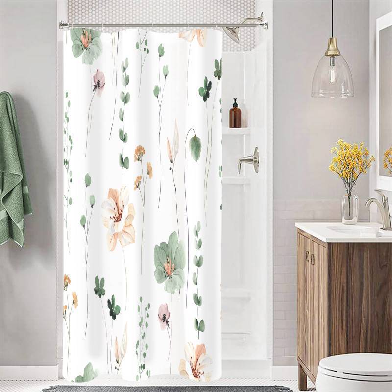 lot 40353 image: Gibelle Small Stall Shower Curtain 36 x 72, Narrow Half Watercolor Floral Fabric Shower Curtain, Sage Green Beige Flower Decorative Bathroom Shower Curtain Set - Retail $15