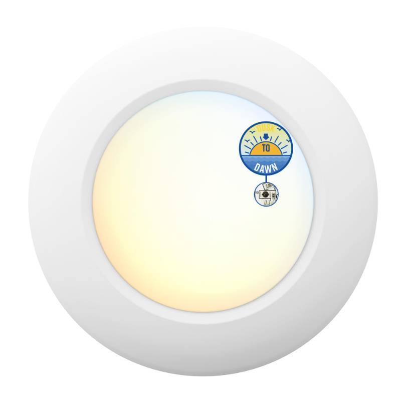 lot 40379 image: JULLISON 6 Inch LED Low Profile Disk Light with Dust to Dawn Sensor, 120VAC, 15W, 5CCT Color Changing, 1000LM, Non-Dimmable, ETL, Shower Rated Screw in Photocell Ceiling Light, White1 Pack - Retail $13