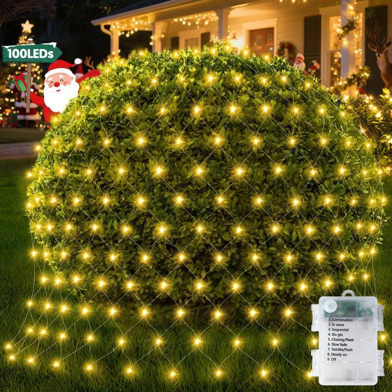 lot 49323 image: Hezbjiti Battery Operated Christmas Net Lights Outdoor 100 LED 5FT x 3.3FT Waterproof Timed Memory Mesh Lights for Xmas Trees Bushes Garden Yard Lawn Patio Christmas Decor (1 Pack Warm White) - Retail $10