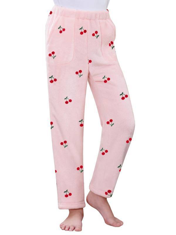 lot 49340 image: Womens Pajamas Bottoms, Fleece Plush Pajama Pants Soft Fuzzy Family Matching Sleep Pants, Baby Pink Cherry, Medium - Retail $15