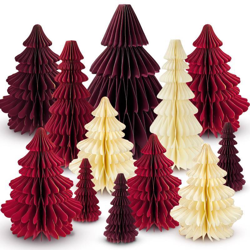 lot 49375 image: Gueevin 12 Pcs Neutral Christmas Trees Honeycomb Paper Tree Centerpiece with Magnetic Closing 5.9-13.78 Inch Xmas 3D Glitter Honeycomb Ornaments Table Home Centerpiece for Party Decor(Red Style) - Retail $36