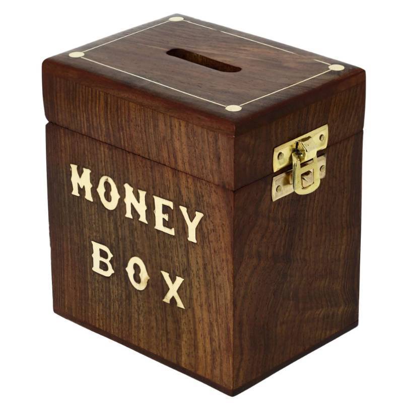 lot 49394 image: Handcrafted Wooden Money Bank Box Piggy Bank  Children & Adults Gifts Ideas  Money Saving Coin Bank Box  Brass Inlaid Corners  First Birthday Gifts Ideas - Retail $10
