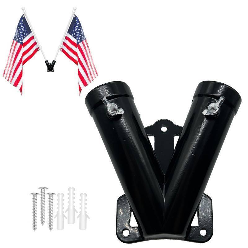 lot 51901 image: NASOFIR Flag Holder, Flag Bracket, Flag Pole Holder Bracket Double Hole Design Outside House Heavy Duty Metal Flag Mount, Aluminum Alloy Mounting Brackets(1 inch) - Retail $12