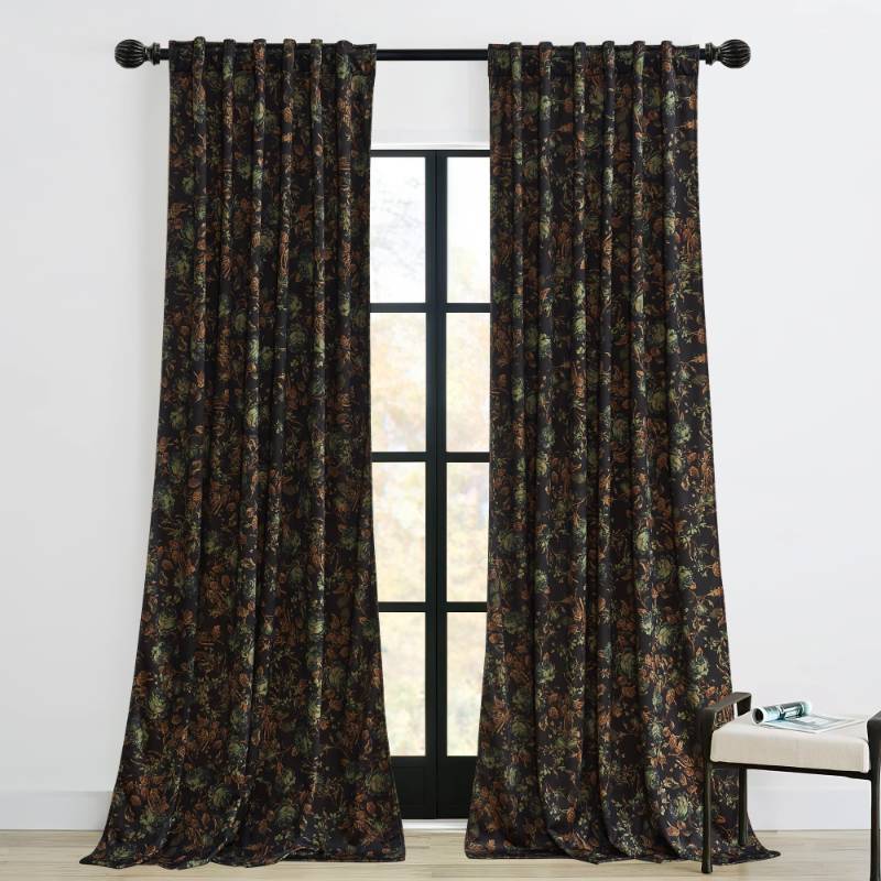 lot 59069 image: StangH Black Velvet Curtains 84 inches Long - Printed Floral Design Home Decoration Back Tab Vintage Thermal Insulated Room Darkening Drapes for Bedroom Living Room, Black, 52 x 84-inch, 2 Panels - Retail $50
