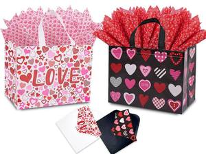 2PCS 12.6 Valentines Gift Bags With Tissue Paper and Card, Large Valentine's Day Gift Bags Reusable Love Heart Valentines Bags, Valentines Goodie Bags(White, Black) - Retail: $10"