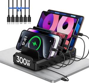 lot 16170 image: 300W Charging Station for Multiple Devices, 8 Port Multi USB C Fast Charger Station Dock for MacBook iPhone 171615141312 Samsung Pixel Series iPad, Black (6 Mixed Short Cables Included) - Retail $35