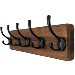 lot 16175 image: Hardware not Included Dseap Wall Mounted Coat Rack Patented, Heavy-Duty, 17.4 Long 5-Double-Hooks Wooden Hanger Rail for Winter Coats, Hat, Jacket, Clothing - Natural & Black - Retail $26