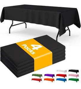 lot 16186 image: Black Plastic Table Cloth - 4 Pack 54 � 108 Rectangle Disposable Tablecloths for 6FT Tables, Table Cover for Party, Holiday & Gathering Use - Retail $0
