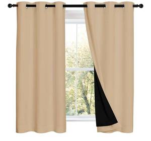 lot 16210 image: NICETOWN Cold Reducing Curtains, Bedroom Full Blackout Panels, Great Job for Blocking Light, Complete Blackout Draperies with Black Liner for Night Shift (Biscotti Beige, Set of 2, 42 by 54-inch - Retail $0