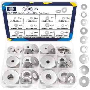 lot 16215 image: ZQZ 108Pcs Flat Washers, 304 Stainless Steel Fender Washers Assortment, 12 Different Sizes Wide Washer M3 M4 M5 M6 M8 M10 M12 Assorted Flatwashers Kit - Retail $10