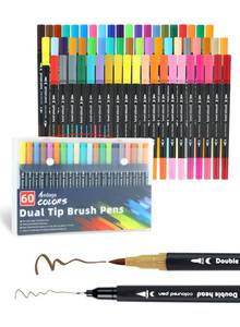 lot 16226 image: 60 Colors Dual Markers Brush Pens, Fine Felt & Brush Tip Marker Christmas Gifts for Kids and Adults, Stocking Stuffers Art Marker Pens for Coloring Book Journaling Note Taking Hand Lettering - Retail $13