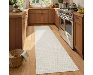 lot 16252 image: PHOTO FOR REFERENCE, SEE EXTRA PHOTO FOR DESIGN Collive Long Runners Rug for Hallways 2.6x8 Washable Kitchen Runner Rugs Non-Slip Rubber Backed Boho Hallway Runner Rug Tan Braided Farmhouse Carpet Floor Runner for Hall Bedroom Doorway - Retail $0