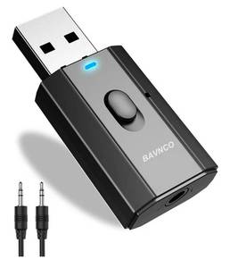 lot 16267 image: Bluetooth Car Adapter, Mini Bluetooth 5.0 Stereo Transmitter Receiver, Wireless 3.5mm Aux Jack Hands-Free Calls Kit Audio Adapter Built-in Mic for Car Speaker, Home Stereo, Headphones, PC,TV More - Retail $0