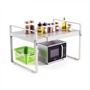 lot 16268 image: GZQIUYI Expandable Cabinet Shelf Organizer 14-25 Inch Adjustable Length, 9 Wide 2-Tier (8 Bottom Layer) Metal Storage Rack for Kitchen Pantry, Under Sink Countertop - Heavy Duty White(1 Pack) - Retail $20