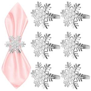 lot 16269 image: 6 Pack Silver Snowflake Napkin Rings, Metallic Christmas Napkin Buckles for Holiday Table Decor - Retail $8