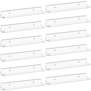 lot 16303 image: Lifewit Narrow Floating Shelves for Vinyl Record 12 Pack, 12 Clear Wall Shelves for Nail PolishBookPictureMakeup, Acrylic Wall Display Shelf Organizer for Bedroom, Living Room, Bathroom Decor - Retail $55