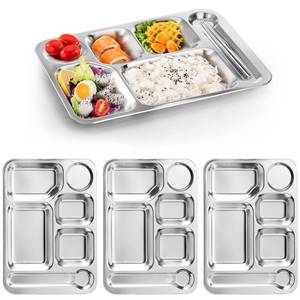 lot 16316 image: Fasmov 4 Pack Stainless Steel Rectangular Divided Dinner Tray, 6 Sections Stainless steel Metal Plate for Adults, Picky Eaters, Campers, and Portion Control - Retail $19