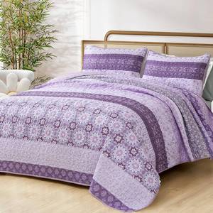 lot 16354 image: WONGS BEDDING Boho Quilt Queen Set,Purple Bohemian Striped Patchwork Bedspread Coverlet Set with 2 Pillowcases,Lightweight Microfiber Floral Quilt Bedding Set 96�90 - Retail $42