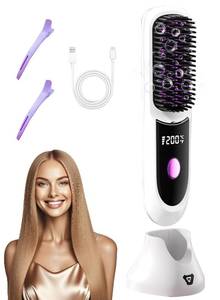 lot 16365 image: Go Brush Pro Hair Straightener �� Cordless Comb with Base Negative Ion, 6000mAh Fast Heating & Portable Travel Design, Rechargeable Brush for Straightening and Curling (White-1Pcs) - Retail $40