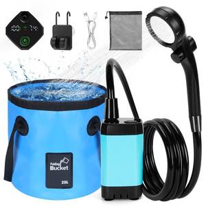 lot 16369 image: ALIESTFDNO Portable Shower for Camping with 20L  5.28 Gallons Foldable Bucket, 7800mAh Rechargeable Shower Pump, Outdoor Shower Kit with Digital Display for Hiking, Travel, Car, Pet - Retail $40