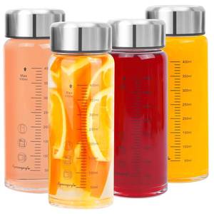lot 16381 image: Glass Juice Bottles 4 Pack 16 oz - Wide Mouth Glass Water Bottles with Lids - for Juicing, Smoothies, Milk, Protein, BPA Free, Reusable, Stainless Steel Lids, Leak Proof, Shaker bottle (500 ml) - Retail $27