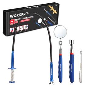 lot 16384 image: WORKPRO 4PC Telescoping Magnetic Pick Up Tool Kit, Includes Telescoping Inspection Mirror, 2PC Magnetic Pick Up Tool And Four Claw Grabber Tool, Pick Up Grab Tool Set For Auto Repair - Retail $20