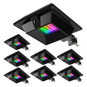 lot 16405 image: 4 Pack Color Changing Solar Gutter Lights Outdoor Decorative LED Waterproof Clip On Gutters Light for Eaves, Roof, Rainspout, Fence, Railing, Wall, Garage, House Porch, Deck, Yard, Cycle Modes(RGB) - Retail $70