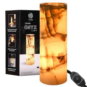 lot 16407 image: UMAID Handcrafted Onyx Marble Table Lamp, Each Lamp One-of-a-Kind with Natural Patterns, Warm Amber Glow, Dimmable Cord & Bulb, Modern Home Decor for Bedroom, Desk, Office, Living Room, or Bedside - Retail $43