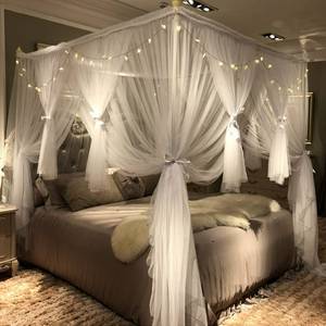 lot 16420 image: Joyreap 4 Corners Post Canopy Bed Curtain for Girls & Adults - Royal Luxurious Cozy Drapes - Cute Princess Bedroom Decoration Accessories (White, FullQueen) - Retail $40
