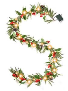 lot 16425 image: CENMORISE 6ft 20 LED Christmas Garland with Holly Pines,Battery Operated Garland with Timer, Red Berry Garland with Lights for Indoor Mantle Fireplace Stair Home Holiday Decoration - Retail $27
