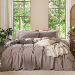 lot 16429 image: MooMee Bedding Duvet Cover Set 100% Washed Cotton Linen Like Textured Breathable Durable Soft Comfy (Heathered Mauve Brown, King 104x90) - Retail $80